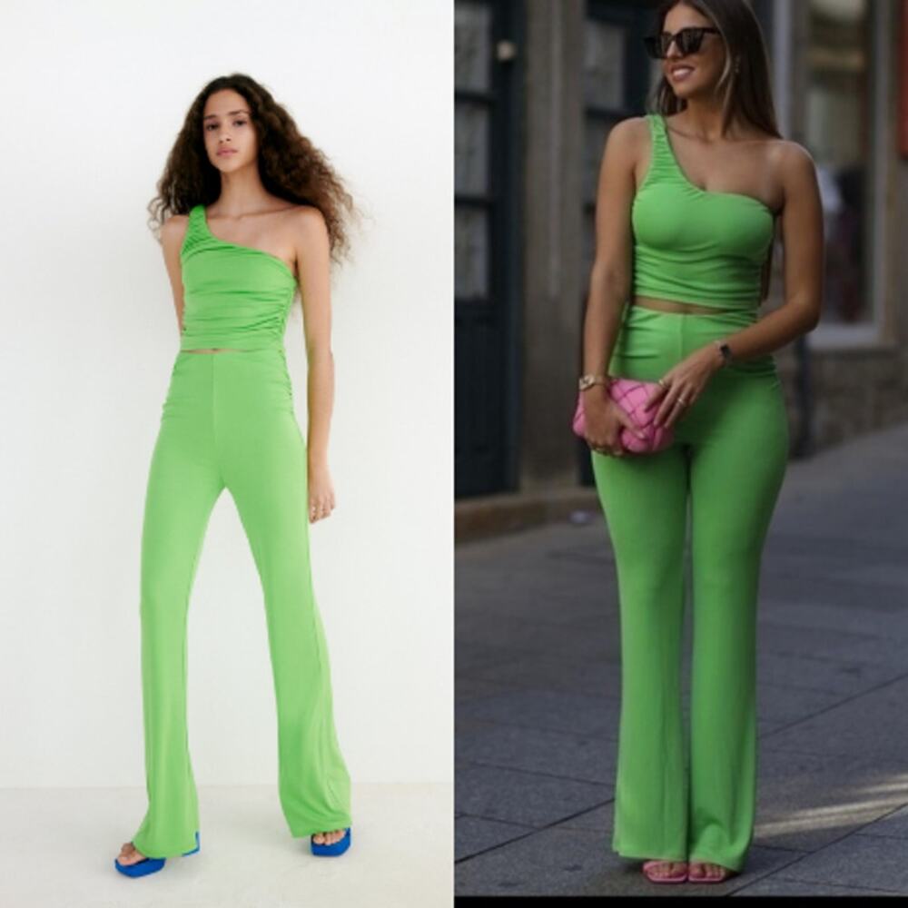 Zara Kelly Green 2 Pieces Flare Pants‎ Set Blogger Fav Europe Trip Vacation